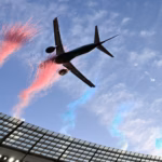One of the Embraer-190 jets flying over DHL Stadium into a cloud of pink dust on Saturday August 29, 2026.
