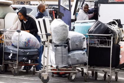 Carts of luggage near a bus after stranded travelers' flights were canceled due to a strike at Jomo Kenyatta International Airport in Nairobi, Kenya.