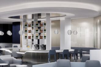 An 3d rendering of the future Air France's lounge in New York JFK's new terminal one.