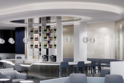 An 3d rendering of the future Air France's lounge in New York JFK's new terminal one.