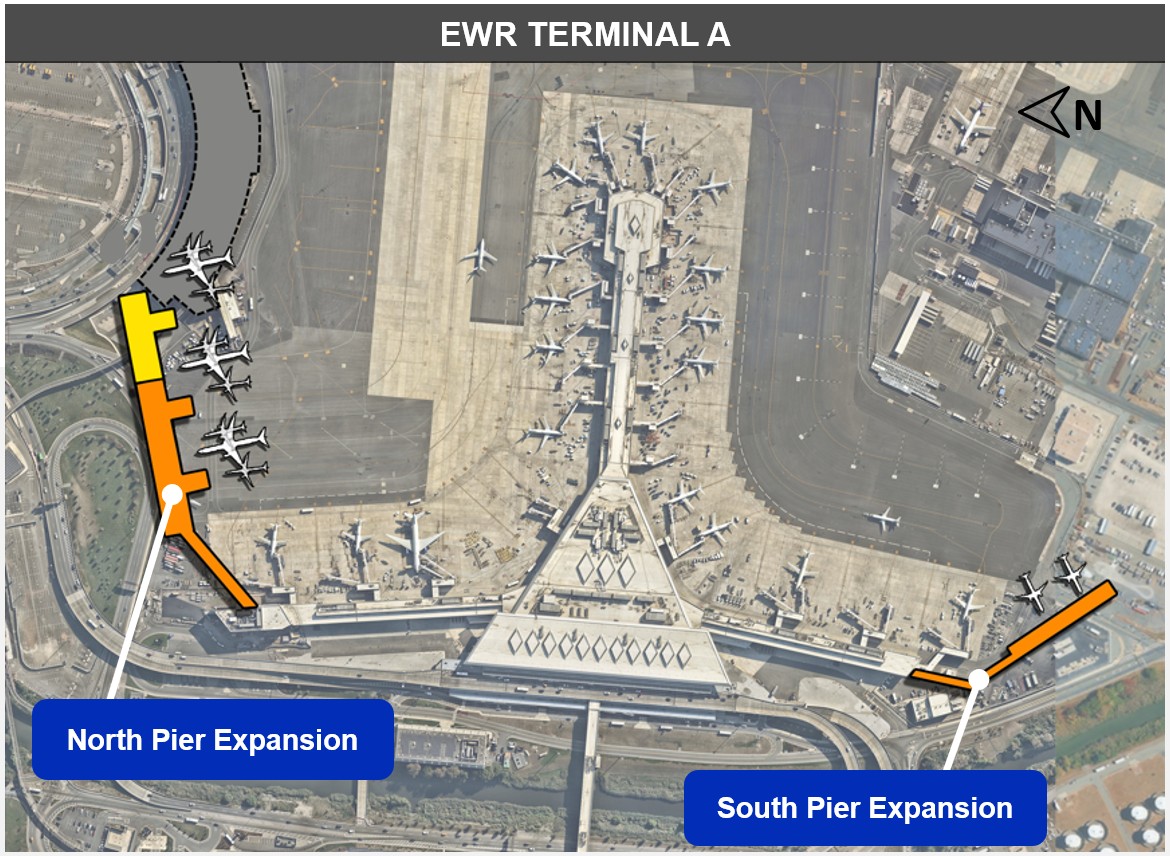 Map illustrating projected expansion plans for EWR Terminal A, focusing on the South Bay area.