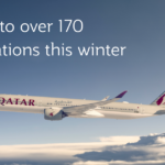 Photograph depicting an airplane flying above the clouds and text stating that Qatar Airways is flying to over 170 destinations this winter.