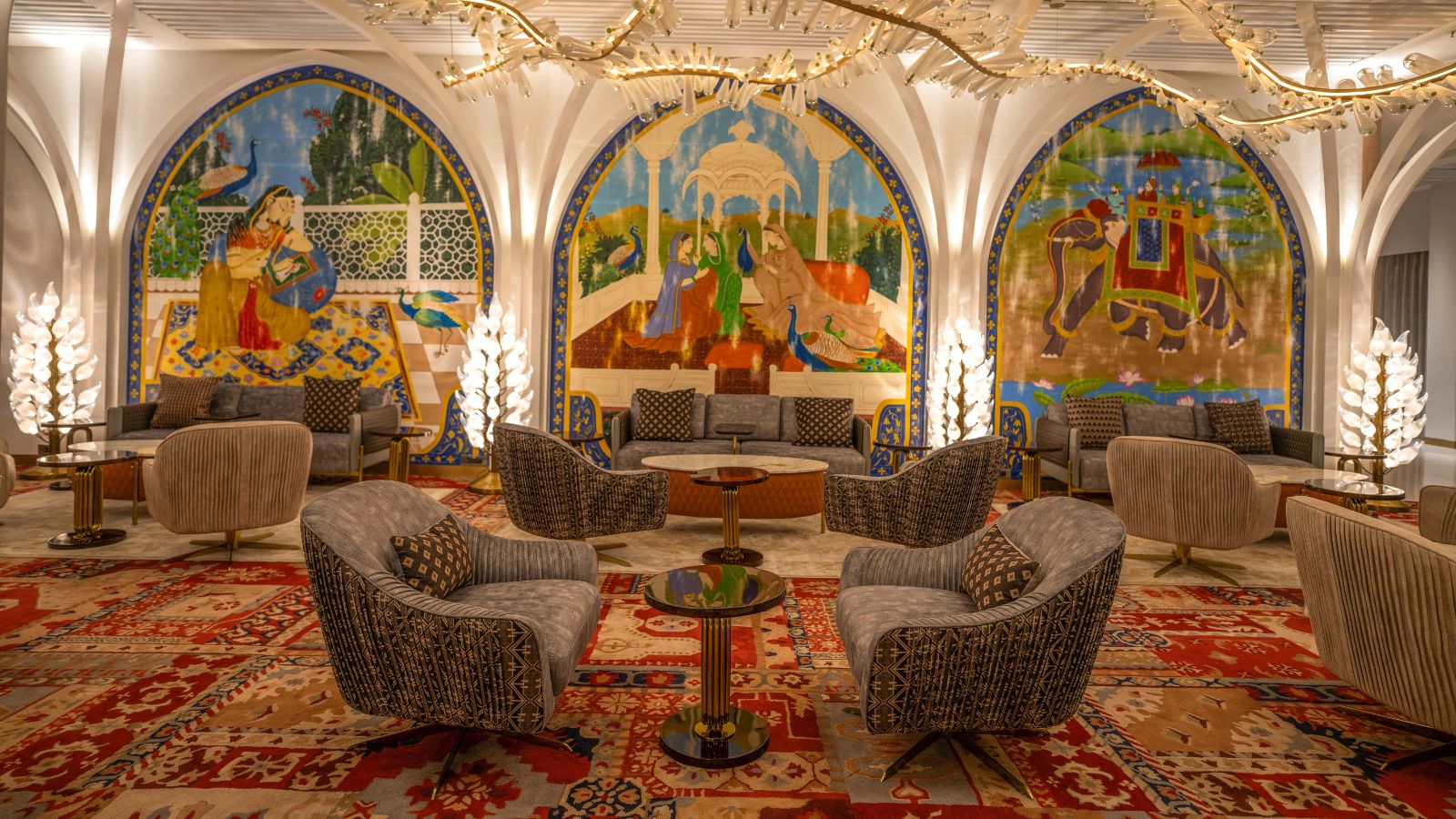 Photograph depicting the detailed artwork on the panels of a Star Alliance lounge. 
