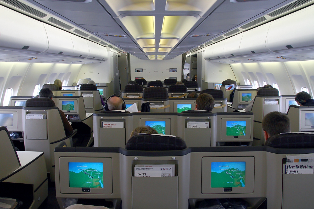 Business-class cabin aboard a SWISS Airbus A340 aircraft