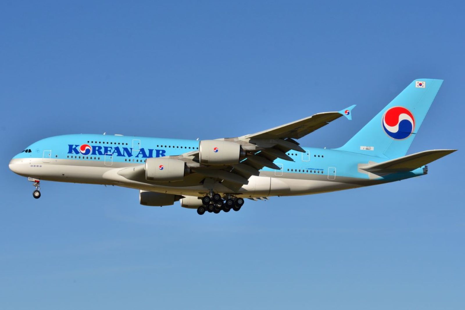 A bright aqua Airbus A380-800 Korean Air plane in mid-air against a deep blue sky. It has the Korean Air red, white and blue circular logo on the tail end of the aircraft.