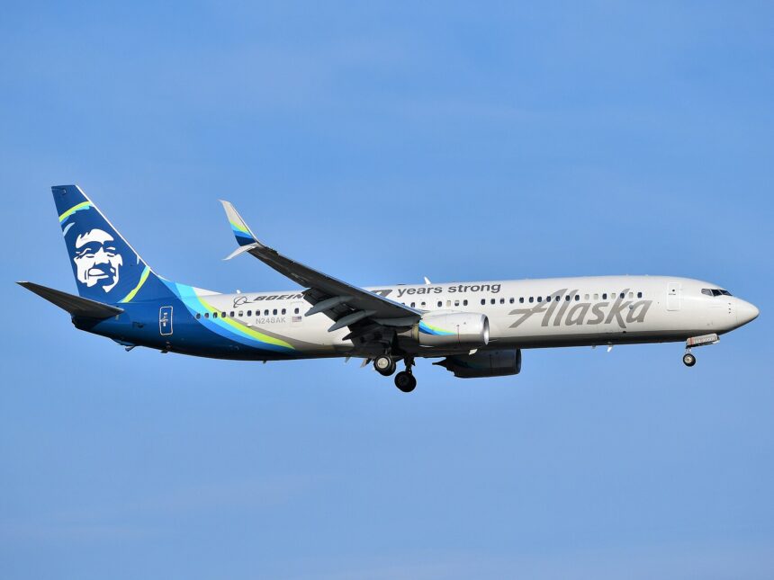 An Alaskan Airlines Boring 737 MAX 9 is pictured in flight. It is mostly white with a dark blue tail that has the airline's logo of a stylised native's face on it. The nose is positioned on the far right, the tail far left. A bright, clear blue sky with no clouds occupies the background