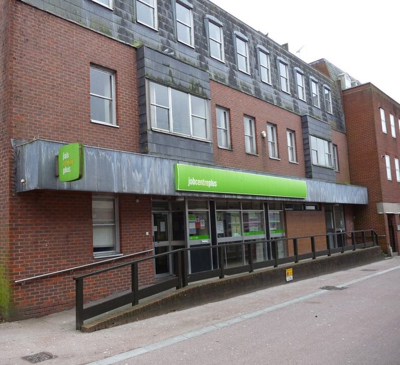 Image shows a closed Job Centre Plus building in Andover, UK, in 2013 on a grey day