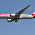 A Boeing 787-9 Austrian Airlines aircraft on its left-hand side
