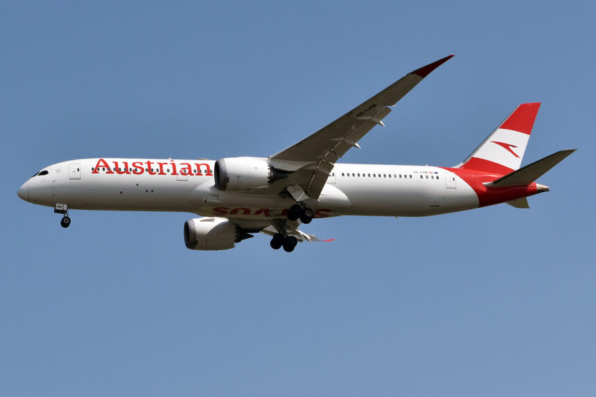 A Boeing 787-9 Austrian Airlines aircraft on its left-hand side