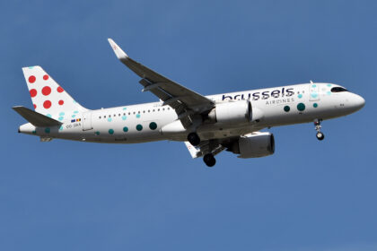 A Brussels Airlines Airbus A320-251N aircraft on its right-hand side