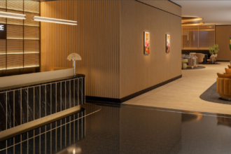 Rendering of the entrance of the upcoming Chase Sapphire Lounge.