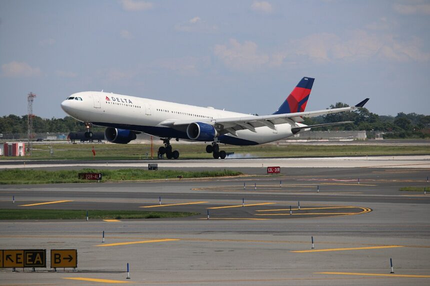Delta Air Lines Airbus A330-300 descending with its landing gear extended