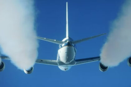 Photograph depicting Douglas DC 8 producing contrails from engines at biofuels tests.