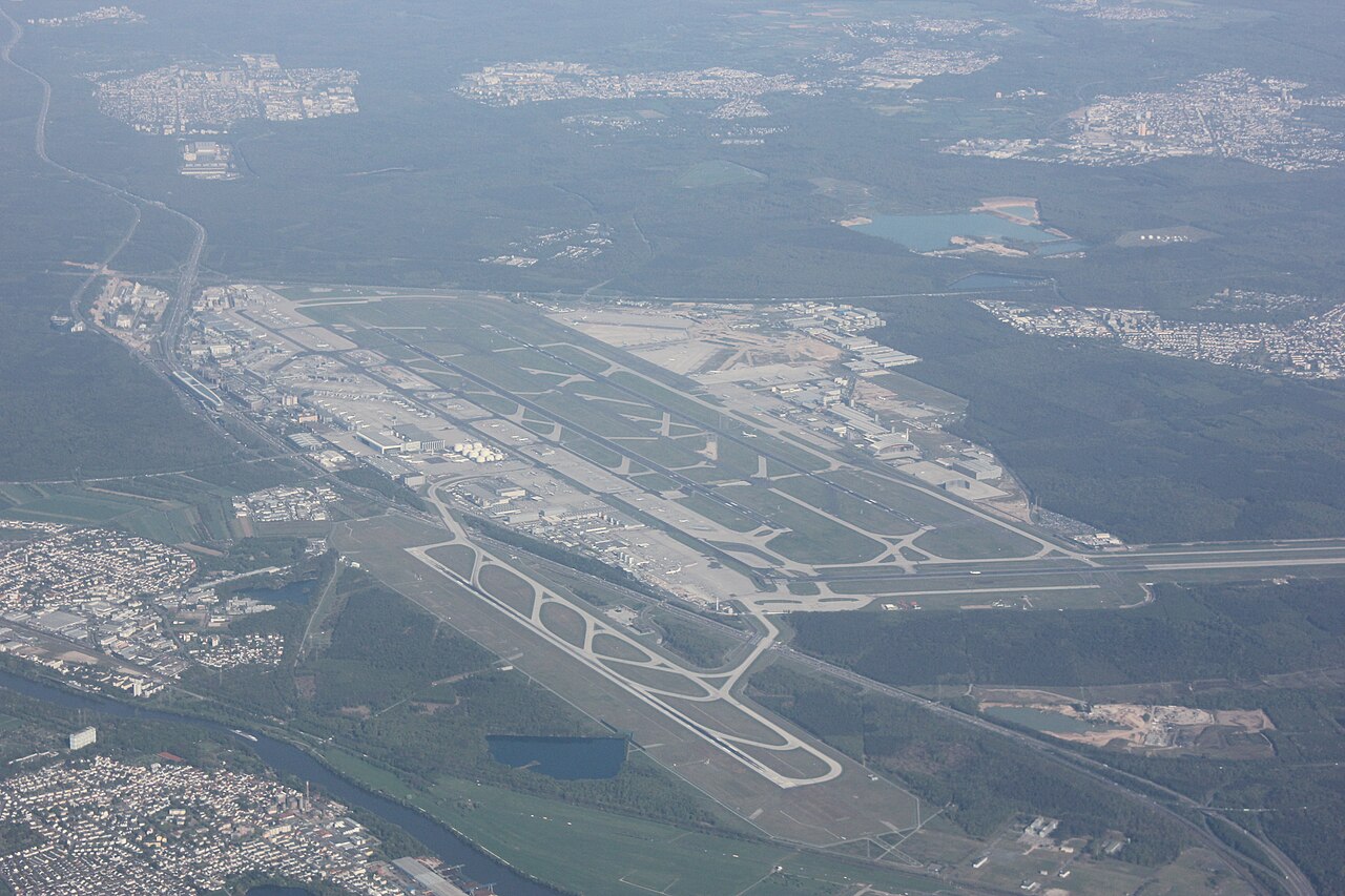 Aerial view of the terminals, runways and aircraft at Frankfurt Airport