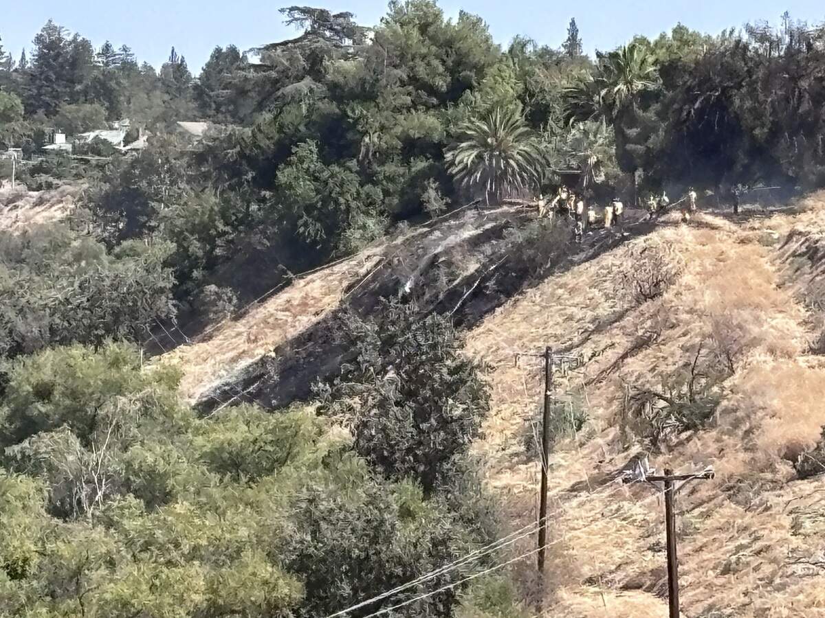 Emergency crews are pictured at the crash site. They stand on the dry hills, surrounded by trees under a blue sky.