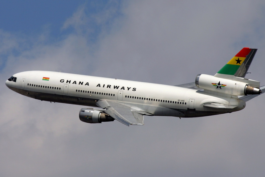 A Ghana Airways McDonnell Douglas DC-10-30 at John F. Kennedy International Airport in the sky