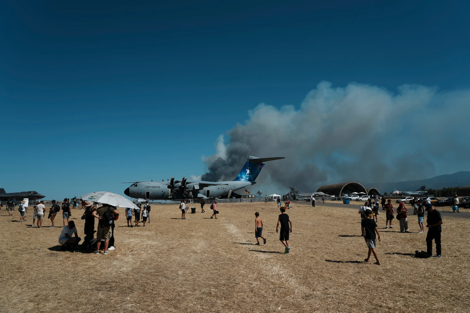 Disappointed event attendees, including multiple children, are pictured at the airshow. The smoke from the crash site fills the blue sky above.