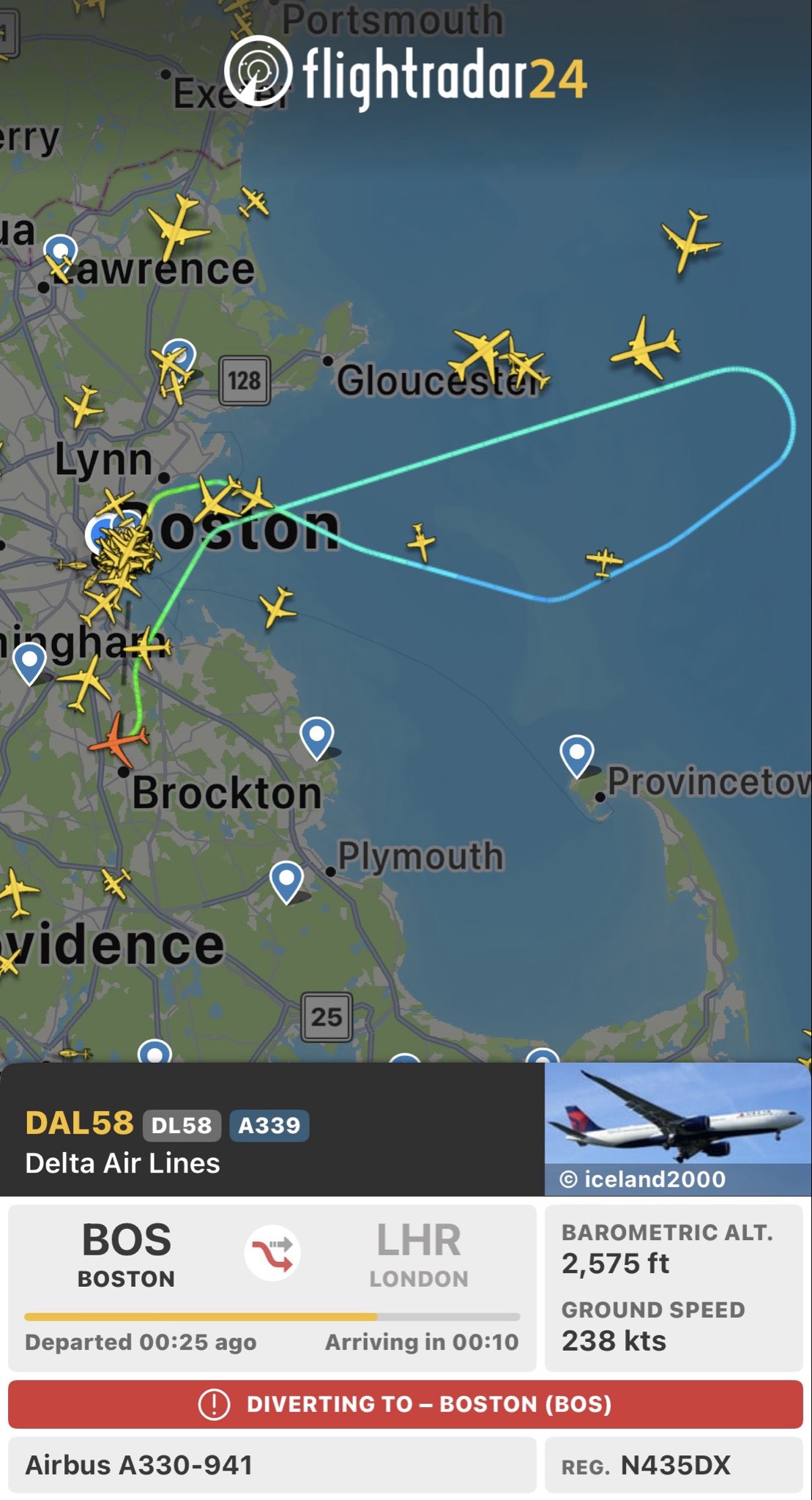 Screenshot from Flightradar24 showing the aircraft's journey and details.