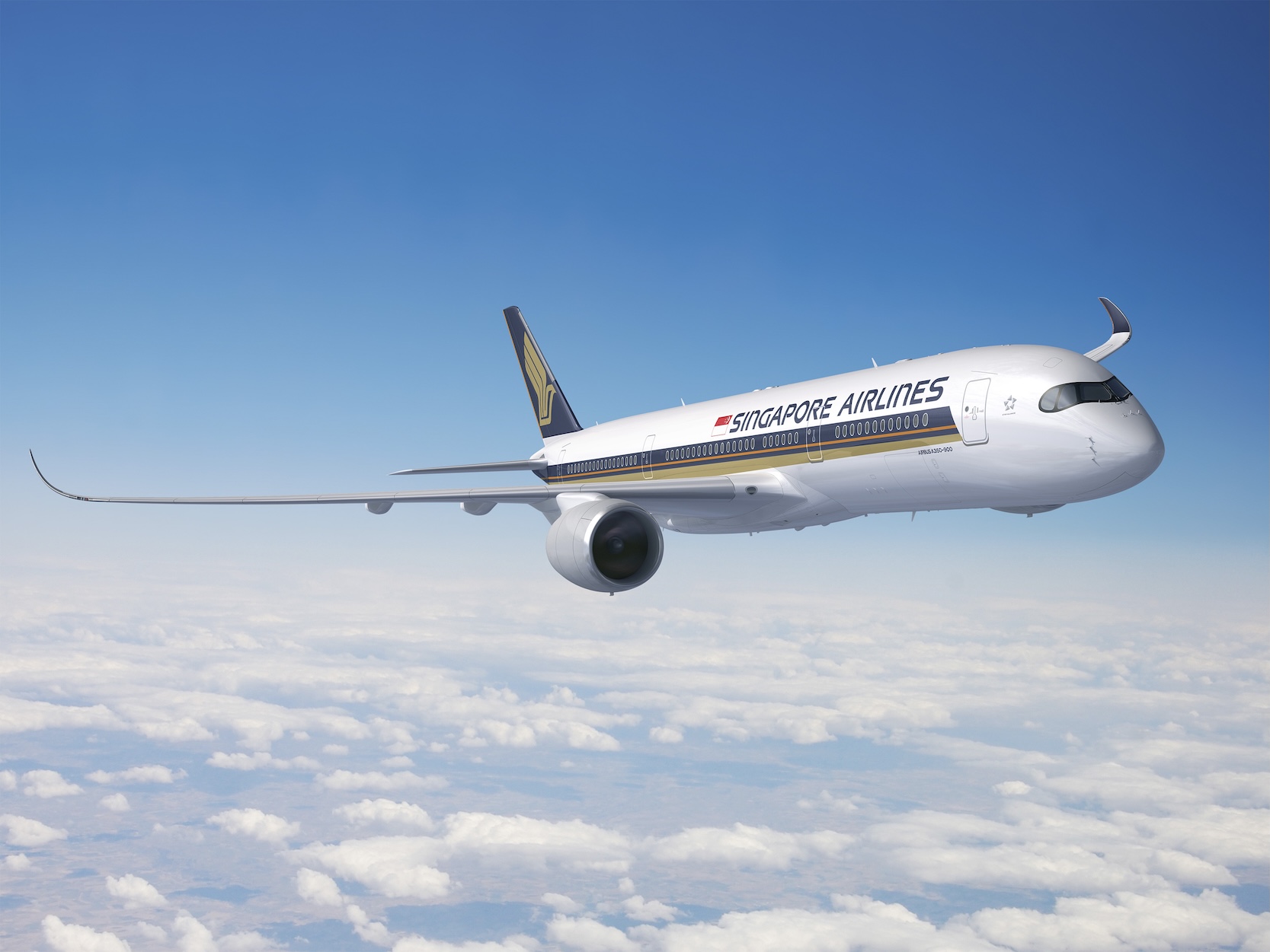 A white, blue, and yellow Singapore Airlines jet flying over a layer of cloud in front of a blue sky.