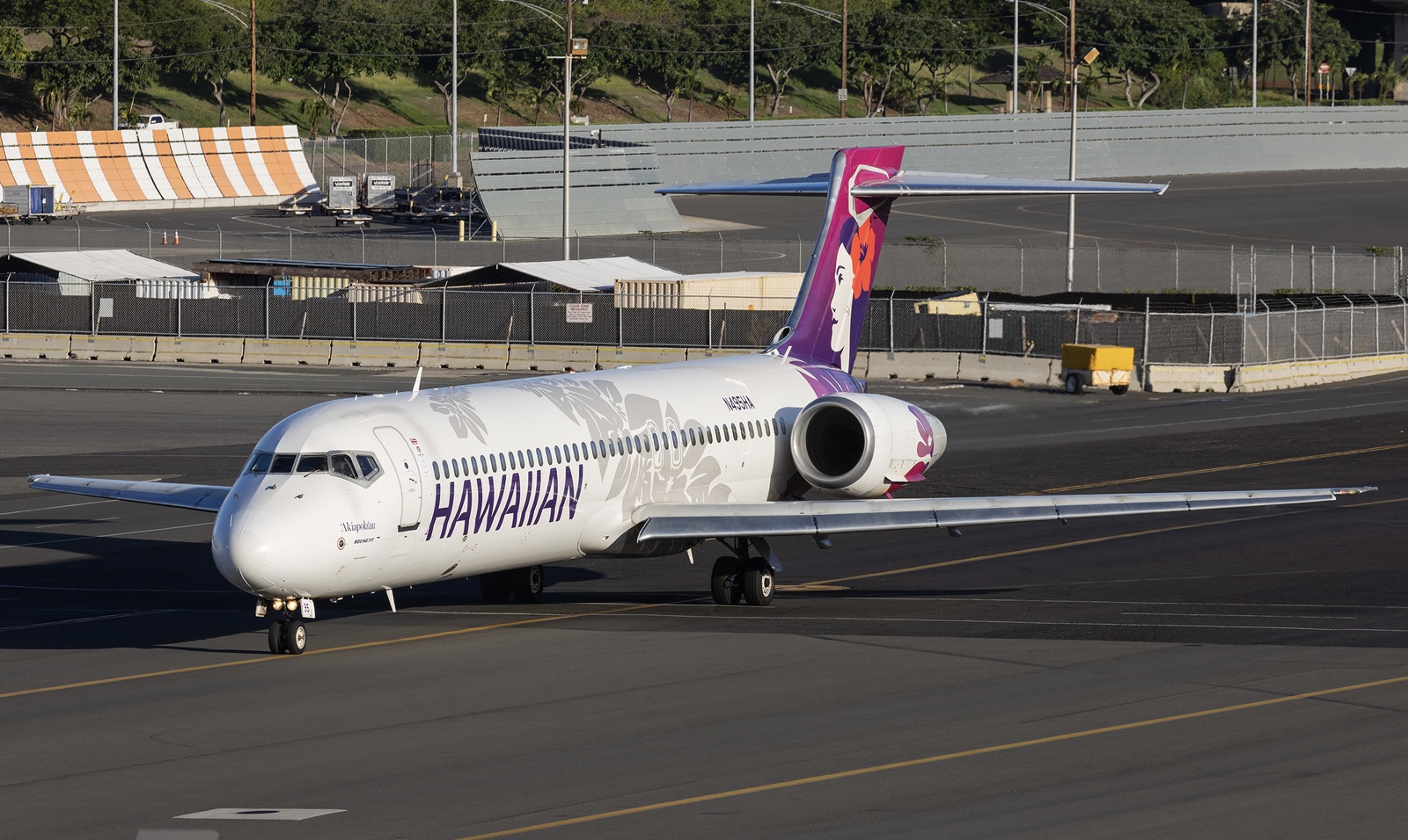 A white and purple Hawaiian Airlines B717 jet on a runway. A grassy slope is shown behind the runway.