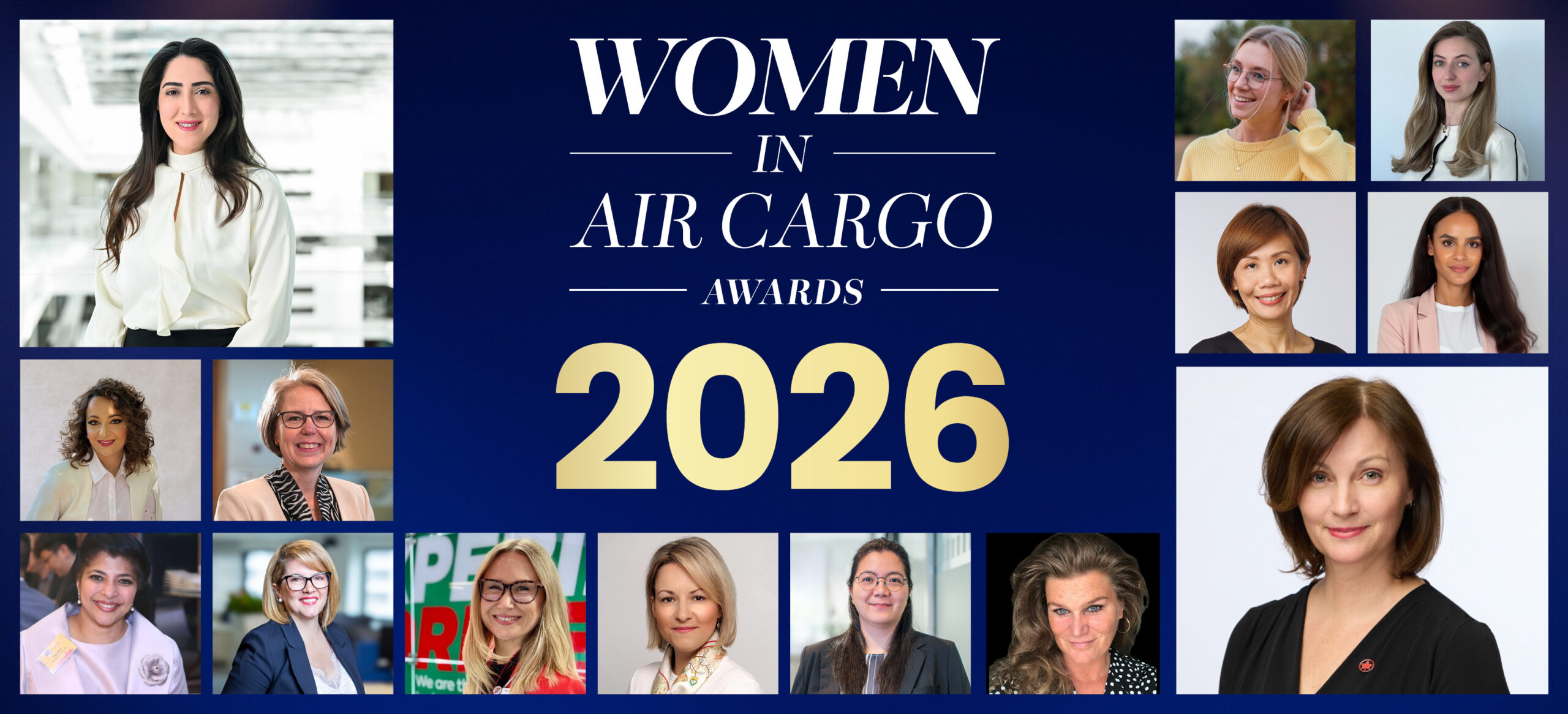 A series of images of women superimposed on a dark blue background with “Women in Air Cargo Awards 2026” written in the middle.
