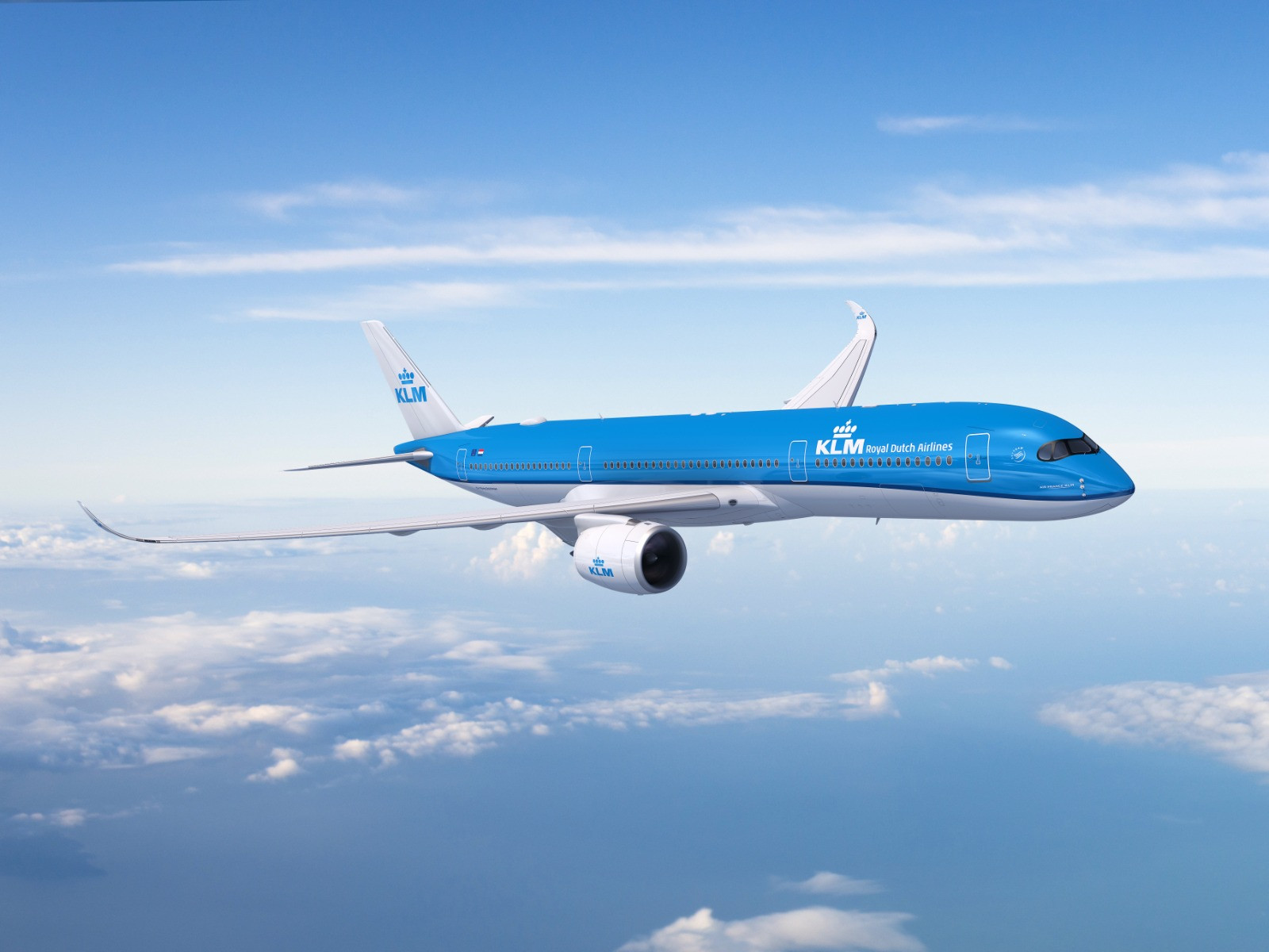 Photograph depicting KLM's new Airbus A350 flying above the clouds.