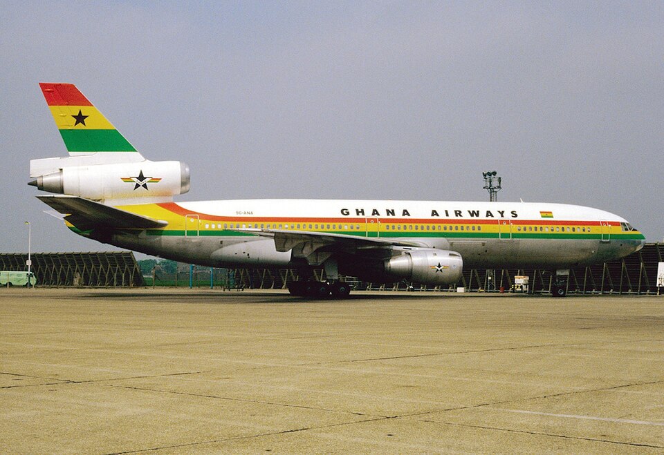 Photo of a Ghana Airways plane in the BA maintenance area of an airport.
