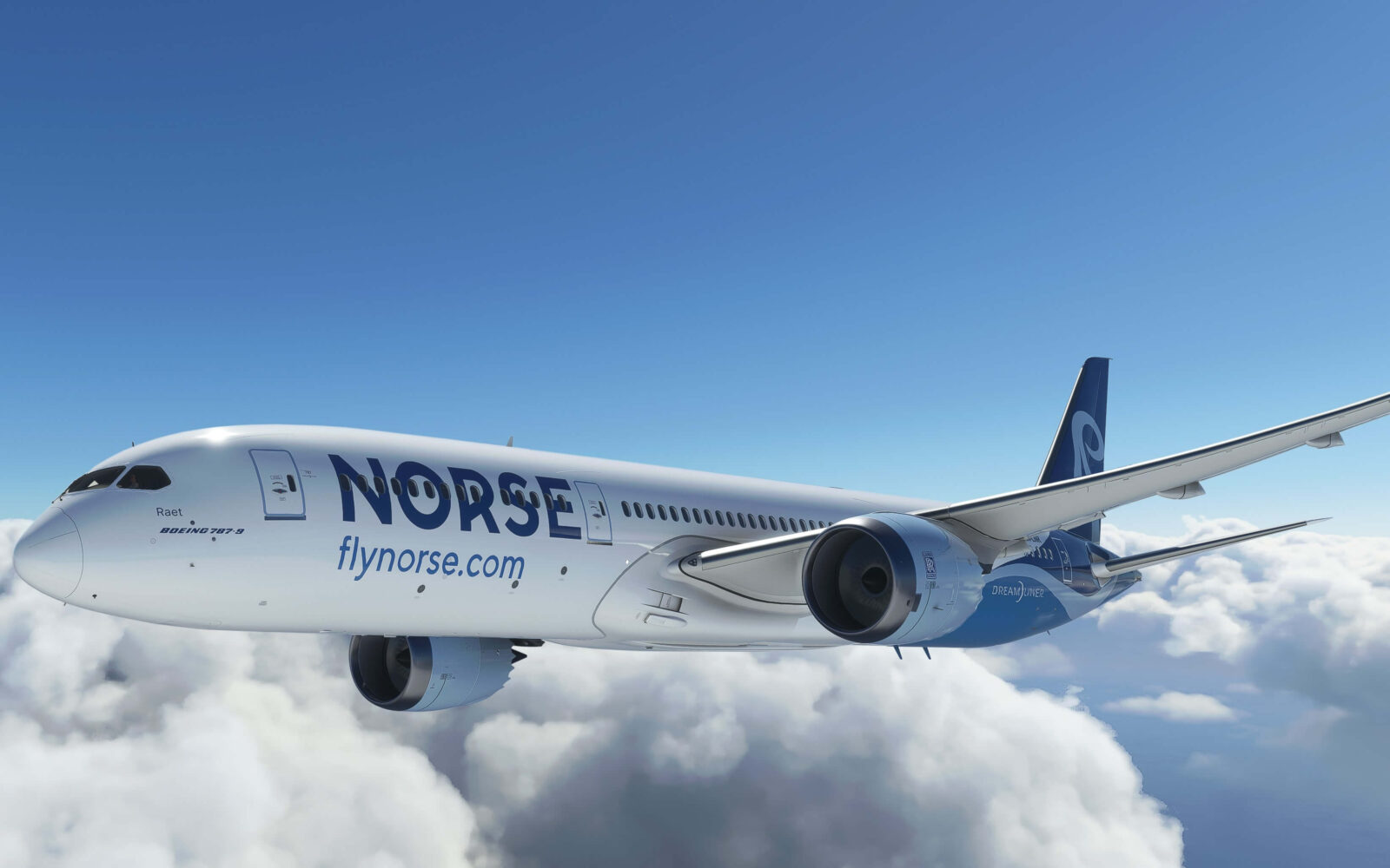 A Norse Atlantic Boeing Dreamliner flying above the clouds against a blue sky.