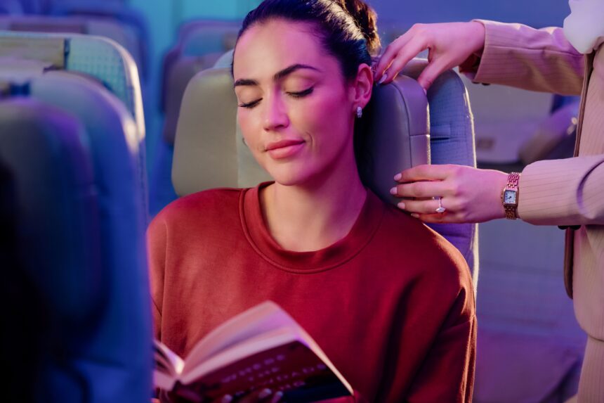 A flight attendant adjusts the flexible leather headrest for a passenger reading an open book under soft cabin lighting.