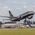 Photo of a departure of a Boeing 737 RyanAir plane in the air