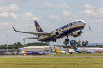 Photo of a departure of a Boeing 737 RyanAir plane in the air