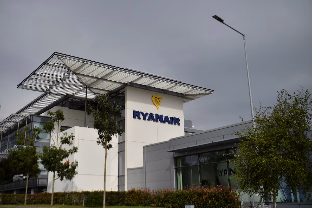 Ryanair Headquarters in Dublin, pictured under a dark grey sky.