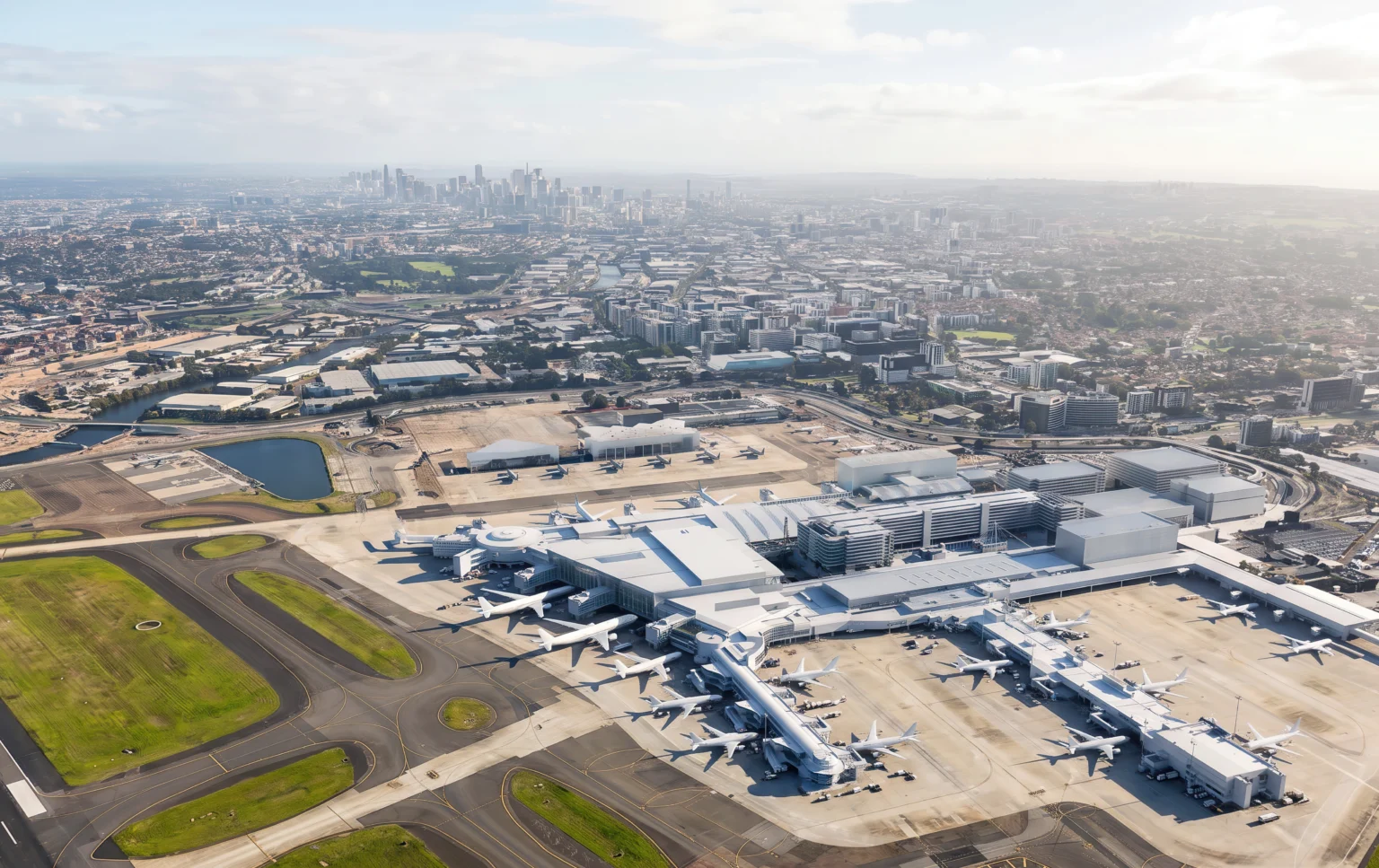 A panoramic view of Sydney Airport's terminal, featuring some of the travel route passageways.