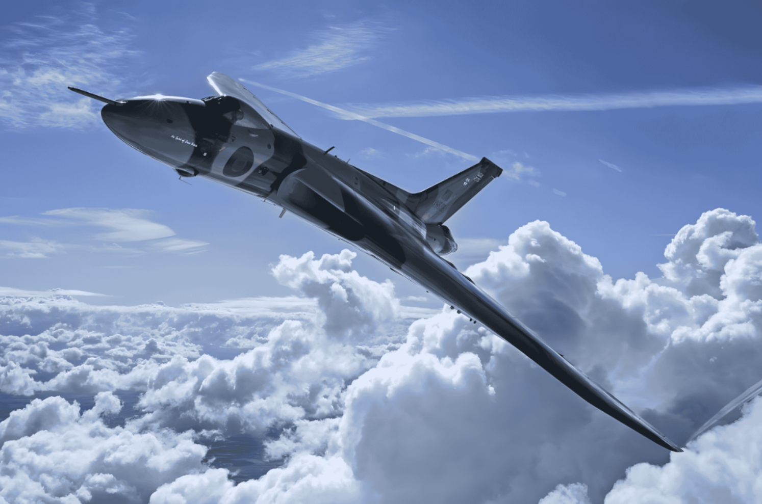 Avro Vulcan XH558 soaring through the sky.