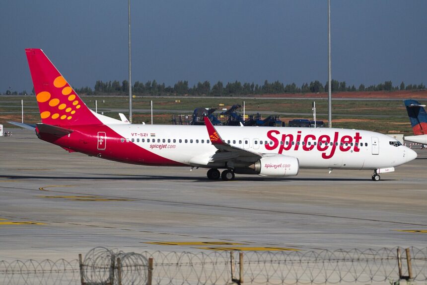 A SpiceJet Boeing 737-800 with its bright fiery red and orange design that features a dotted pattern at the tail of the aircraft.