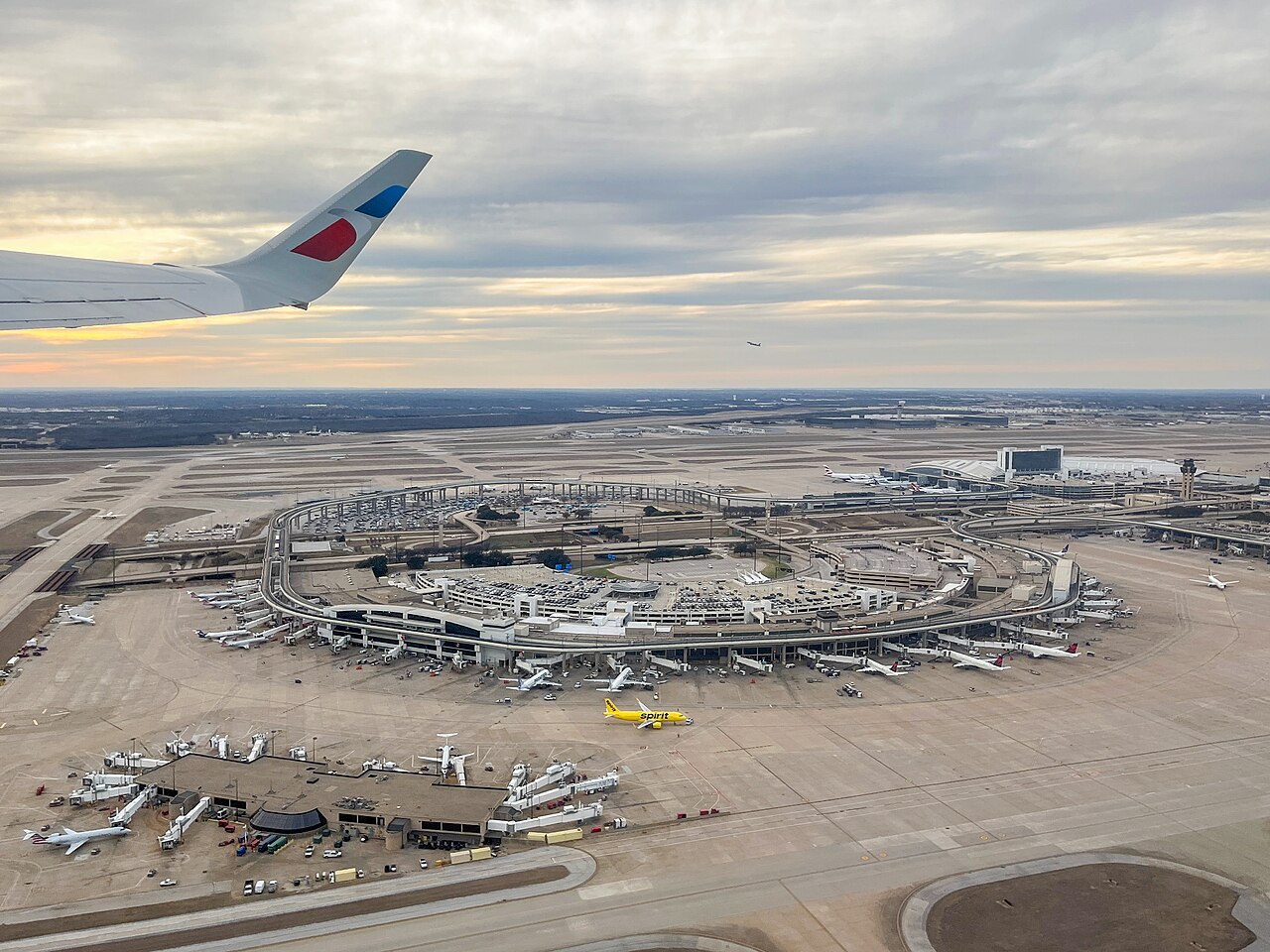 Aerial view of Terminal E and its satellite terminal at Dallas Fort Worth International Airport