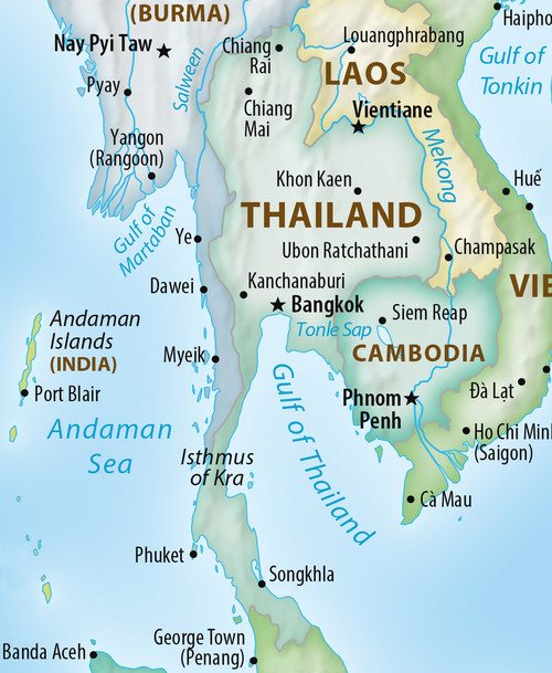 Image shows a political map of Thailand in 2021. Visible are the neighbour countries Laos, Cambodia, and parts of Burma (Myanmar) and Vietnam as well as the Gulf of Thailand, Andaman Sea, Gulf of Martaban and Gulf of Tonkin