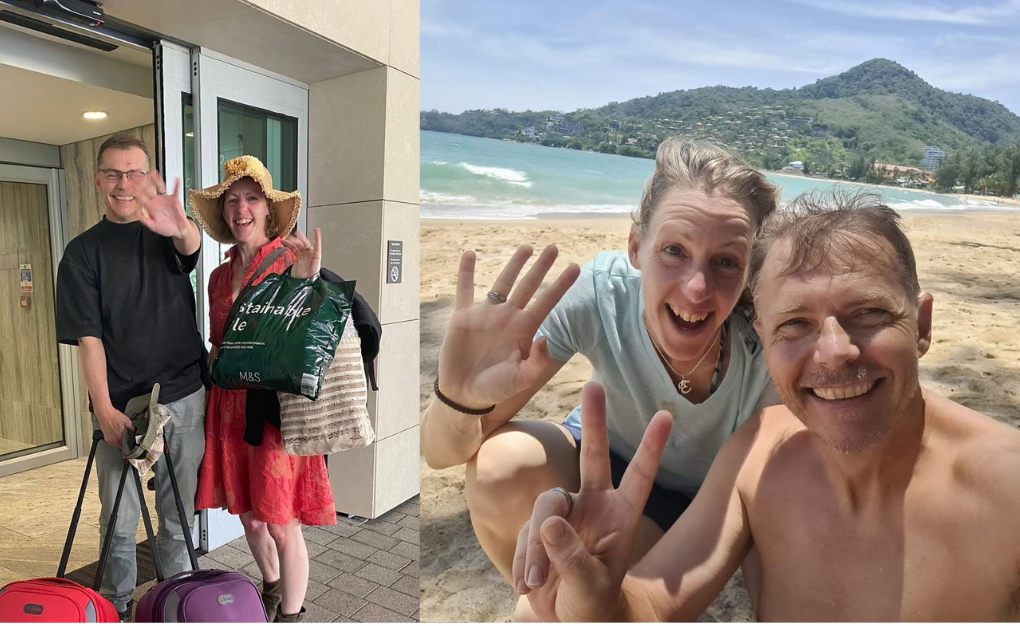 Image shows a collage of two photos, the first a couple smiling and waving with luggage, the second photo is the same couple smiling and waving from a sunny beach in Thailand on a sunny day with waves and mountains visible behind