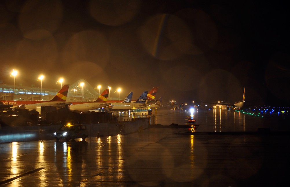 Terminal 2 at El Dorado International Airport in Bogotá at night