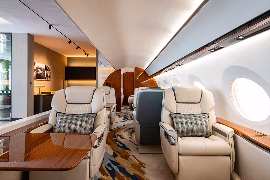 A full-size Gulfstream G700 cabin recreation inside the Flexjet terminal