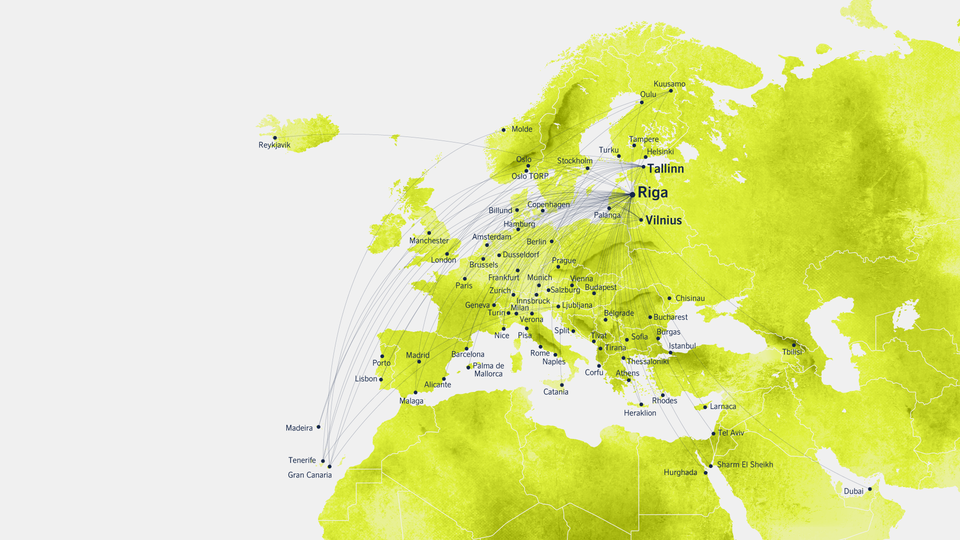 Map of Europe and surrounding regions showing numerous airBaltic routes