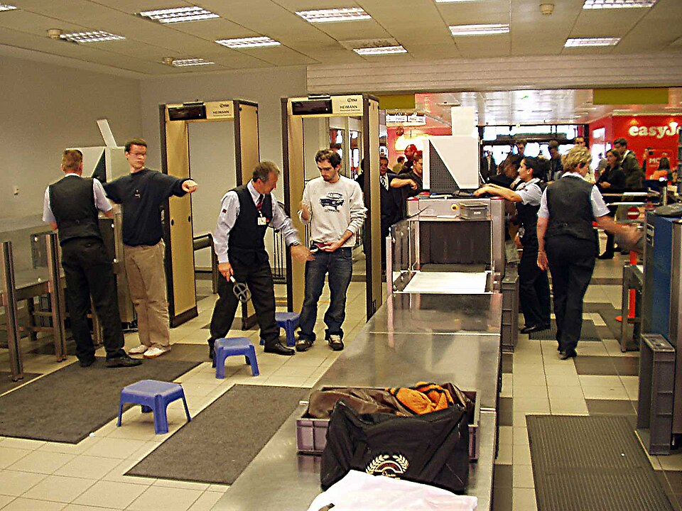 The image shows multiple people going through an airport security check with a luggage scanner one side and full-body scanners next to it, being manned by two security officers.