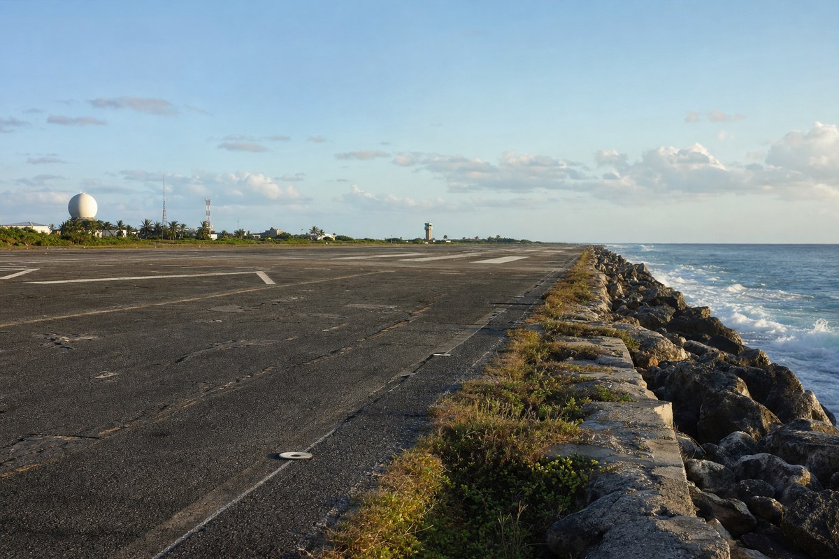 Coastal runway of Henderson Field (MDY) at Midway Atoll, positioned next to the beach and ocean, highlighting its unique location.