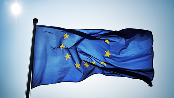 An image of the EU flag attached a flag pole flying.