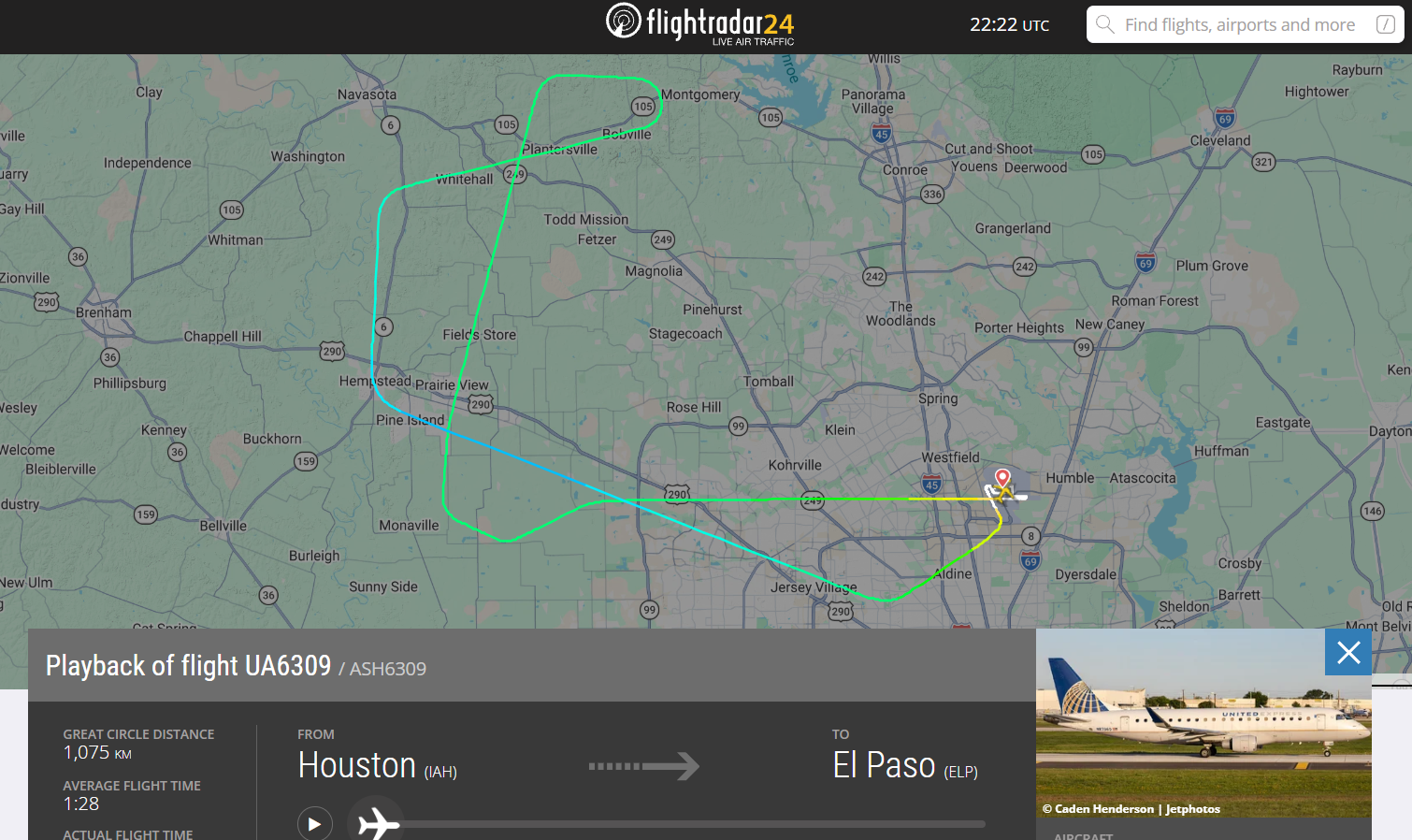 Screenshot from Flightradar24 showing the trajectory of flight UA6309 from Houston to El Paso, performing an in-air loop and returning to the airport of origin.