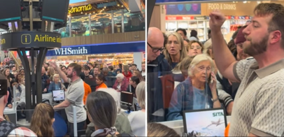 Image shows a large crowd at London Gatwick Airport (LGW) with a passenger standing higher up, relaying information
