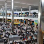 Lots of passengers inside of an airport in Heathrow (LHR).