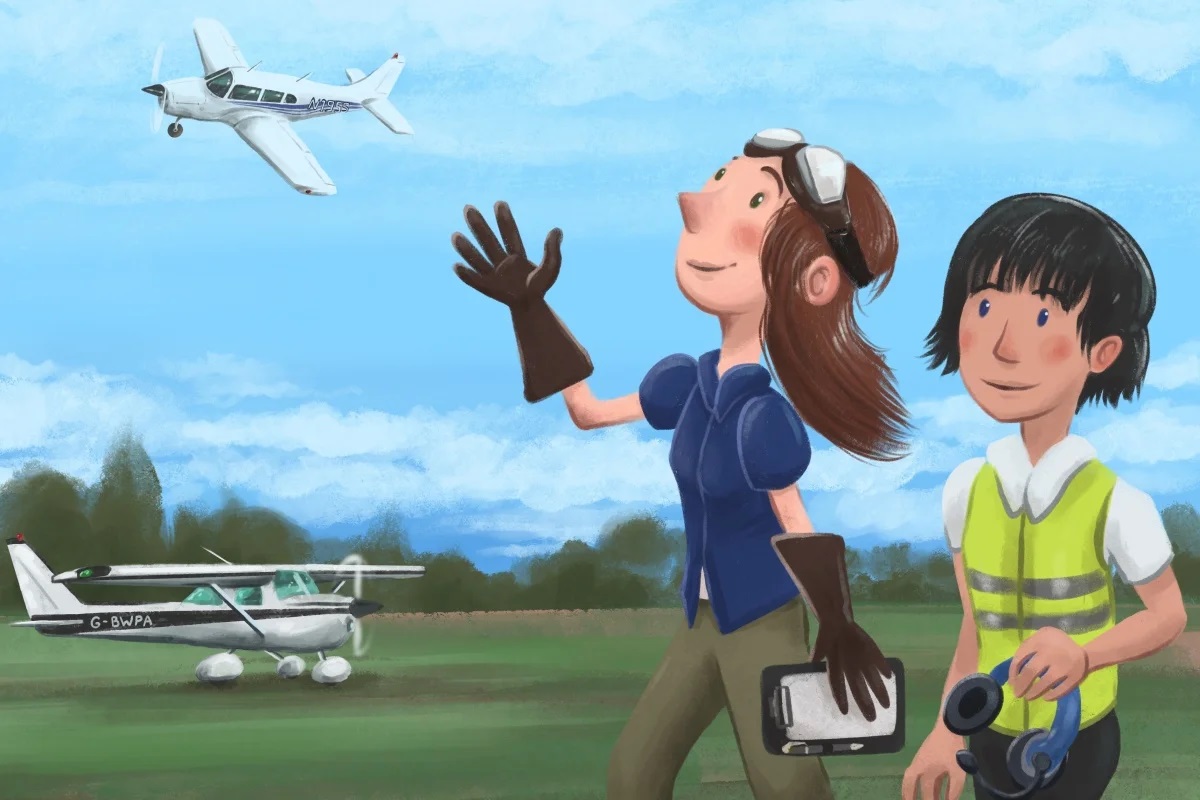 The image is a colorful, hand-painted illustration of two people at a small airfield