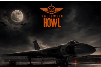Halloween Howl event poster featuring the Avro Vulcan XH558 aircraft against a full moon and dark background.