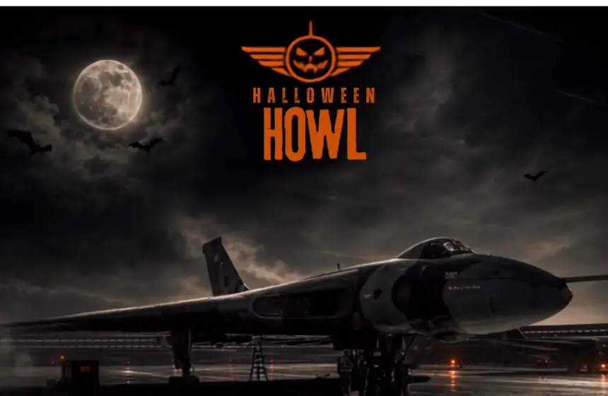 Halloween Howl event poster featuring the Avro Vulcan XH558 aircraft against a full moon and dark background.